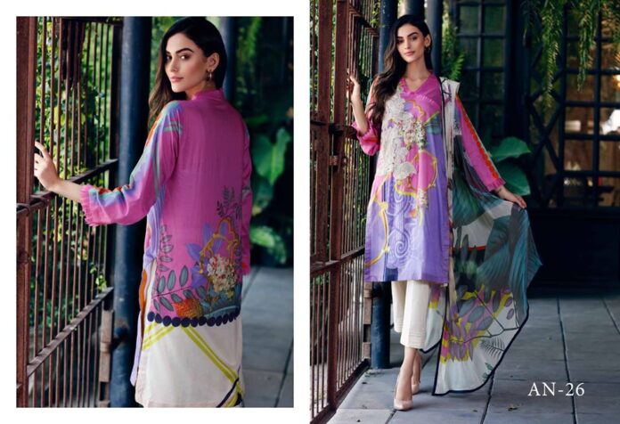 Vibrant Embroidered Lawn Dress with Chiffon Dupatta