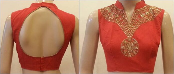 Red Silk Chanderi Blouse Back Neck Design