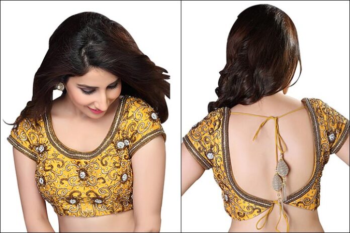 Mustard Yellow Embroidered Blouse Back Neck Design