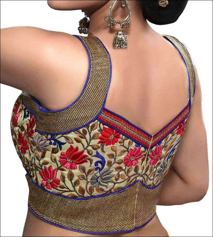 Black And Gold Embroidered Traditional Blouse Back Neck Design