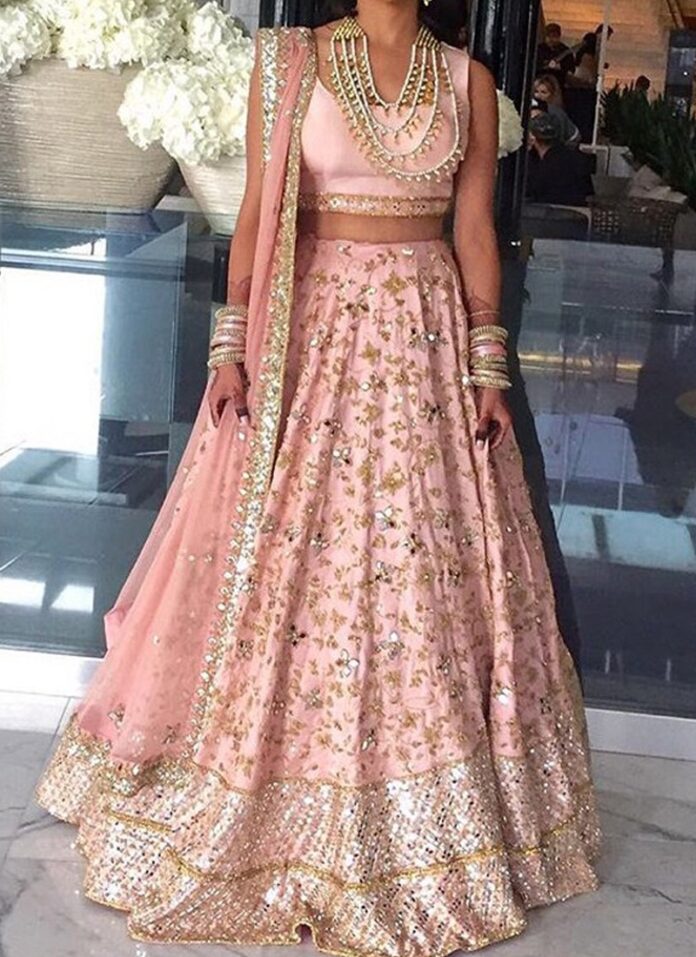 impeccable-baby-pink-raw-silk-panel-style-mirror-work-lehenga-choli