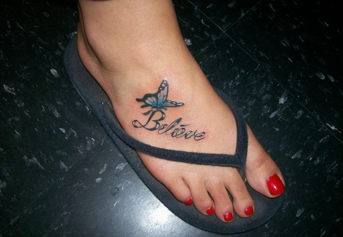 Believe And Butterfly Foot Tattoo For Girls