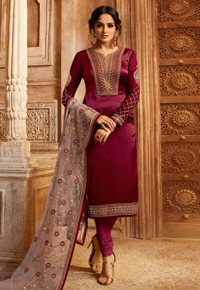 Magenta-Satin-Embroidered-Churidar-Suit