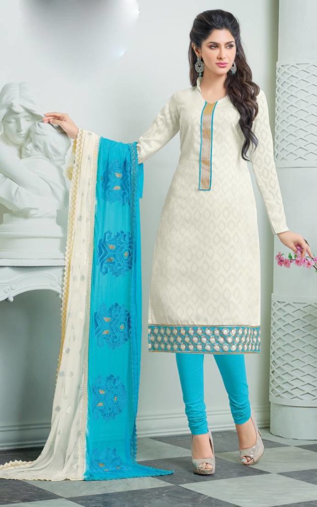 White Cotton Jacquard Embroidered Churidar Suit